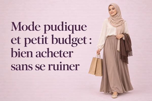 Femme en jupe longue taupe et blouse écrue avec sacs shopping — mode pudique à petit budget ZYNA