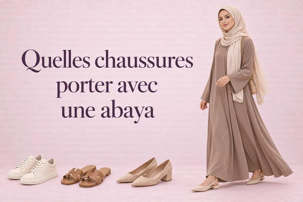 Abaya taupe avec baskets blanches, sandales et escarpins nude — quelles chaussures porter avec une abaya ZYNA
