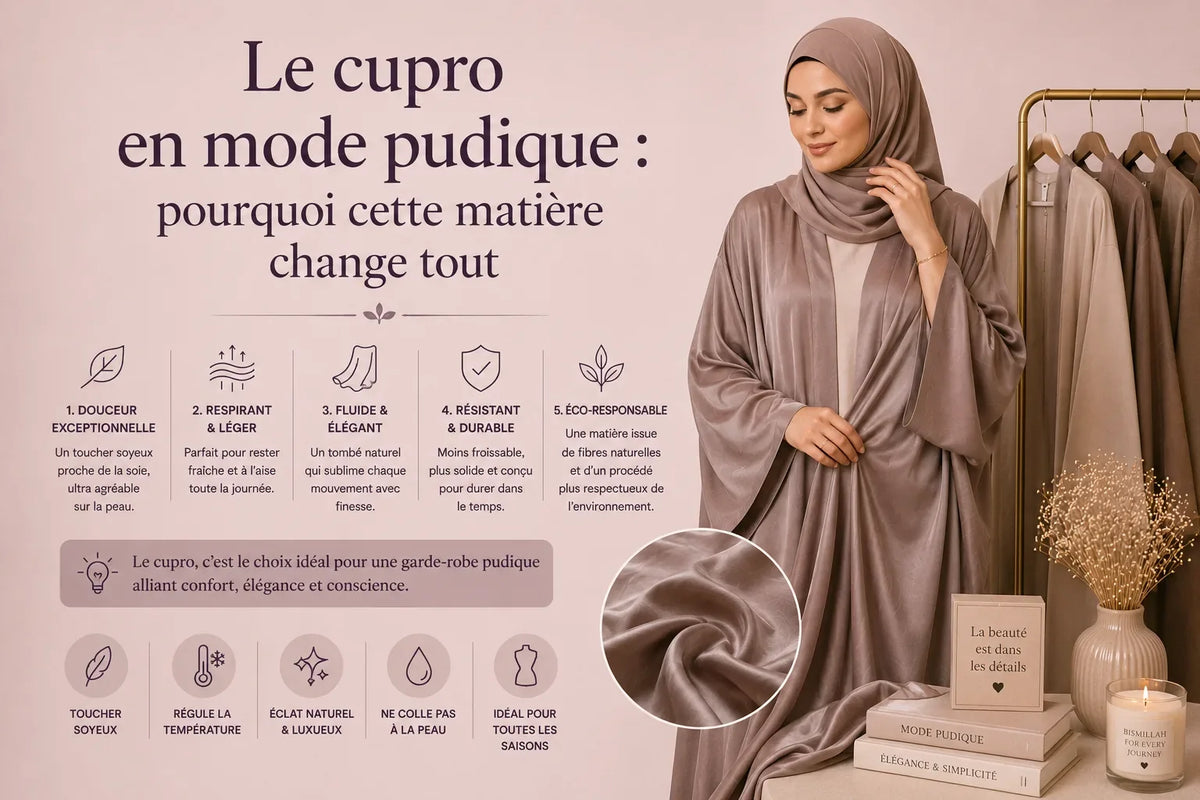 Femme en abaya cupro taupe soyeuse — le cupro en mode pudique, matière douce et écoresponsable ZYNA