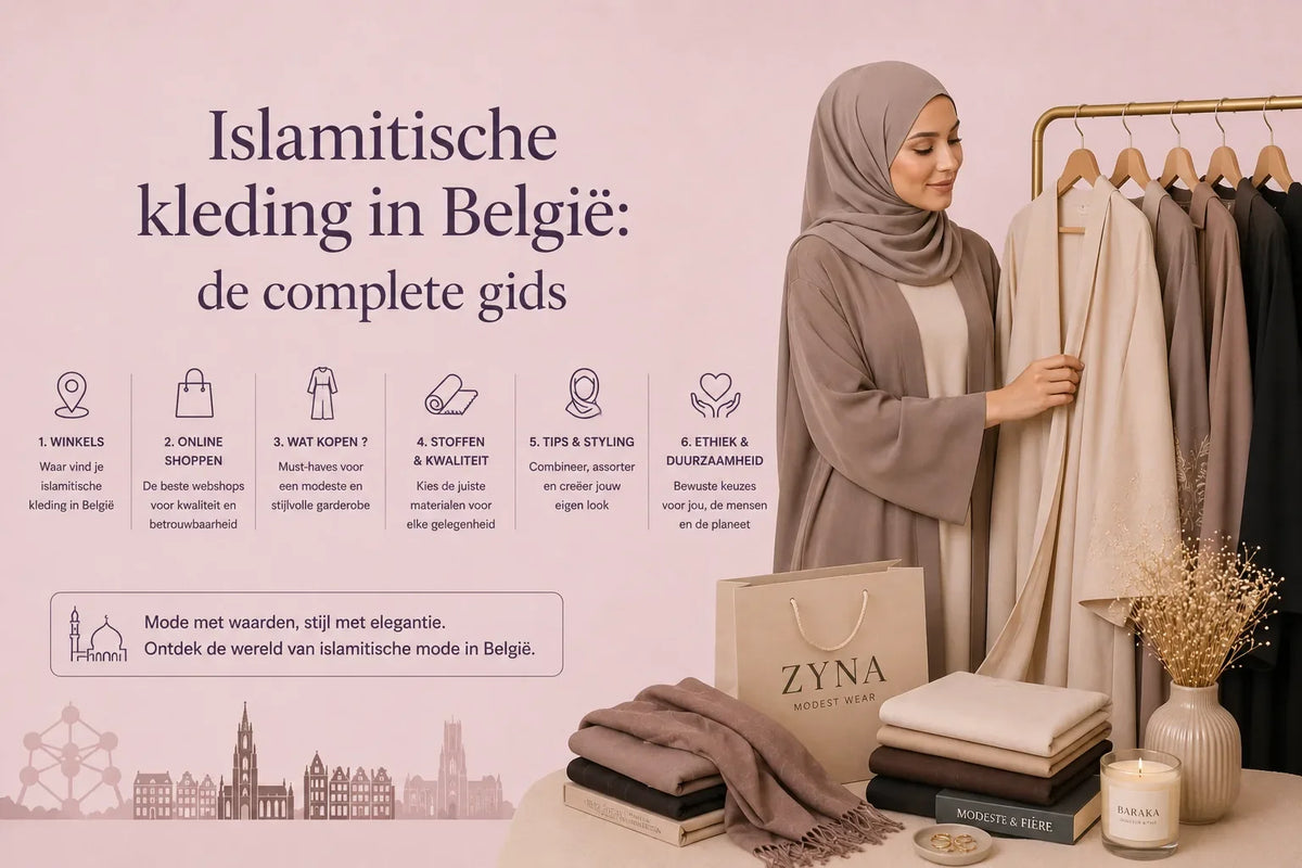 Vrouw in taupe abaya bekijkt kleding op rek — islamitische kleding in België, de complete gids ZYNA