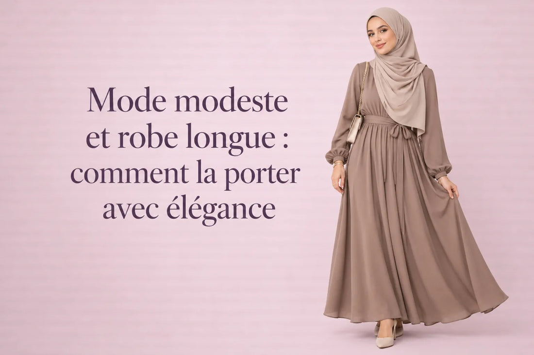 Femme en robe longue fluide taupe et hijab assorti — mode modeste élégante ZYNA