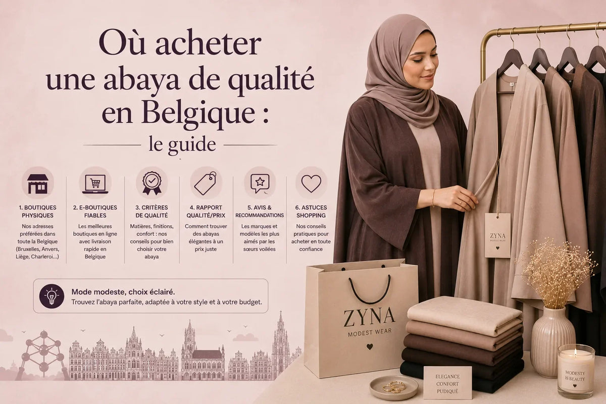 Femme en abaya brune choisissant une pièce en boutique — où acheter une abaya de qualité en Belgique ZYNA