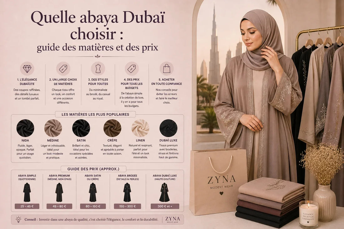 Femme en abaya beige et hijab taupe devant Dubaï — guide des matières et prix des abayas Dubaï ZYNA