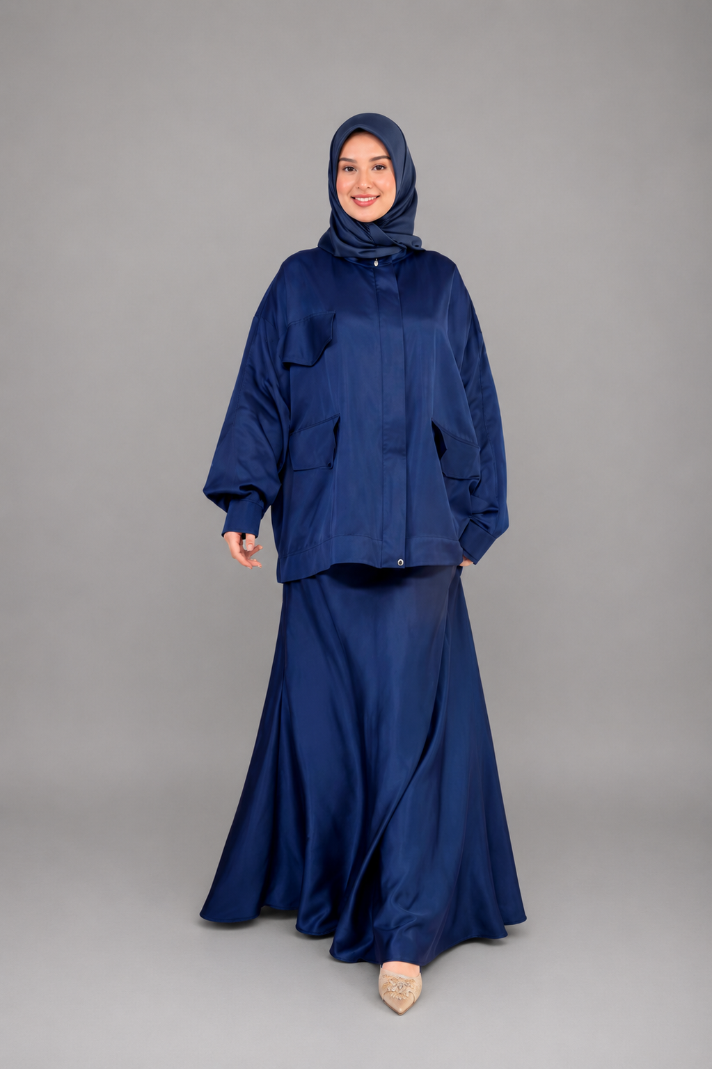 Ensemble modest fashion marine veste oversize jupe longue satin ZYNA