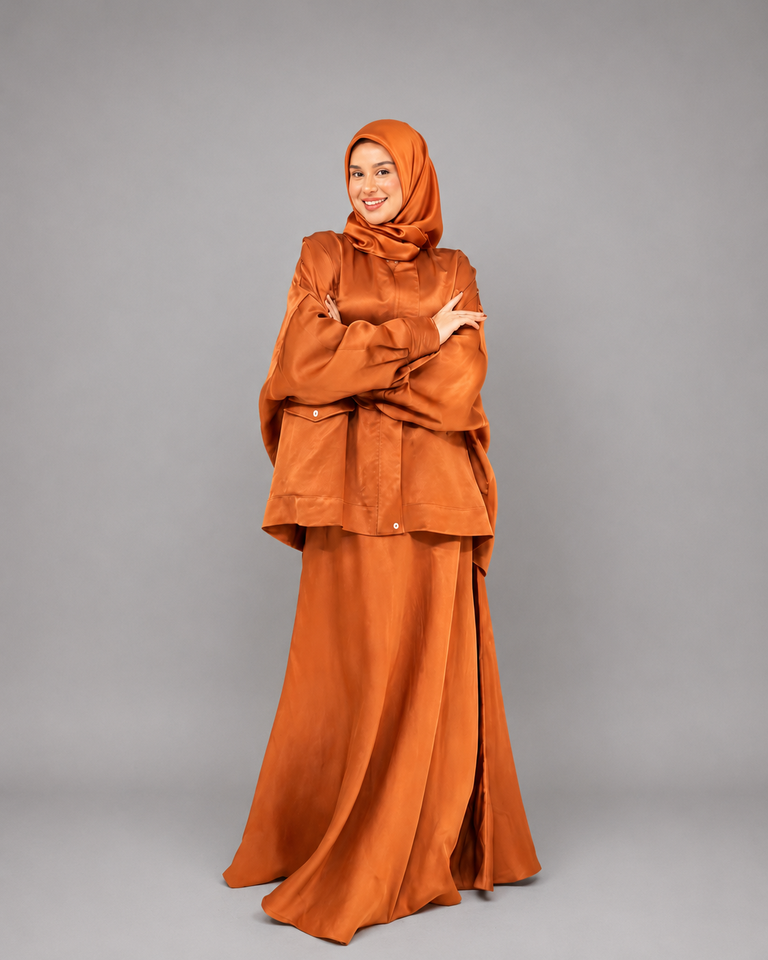 Ensemble modest fashion orange brûlé veste oversize jupe longue satin ZYNA