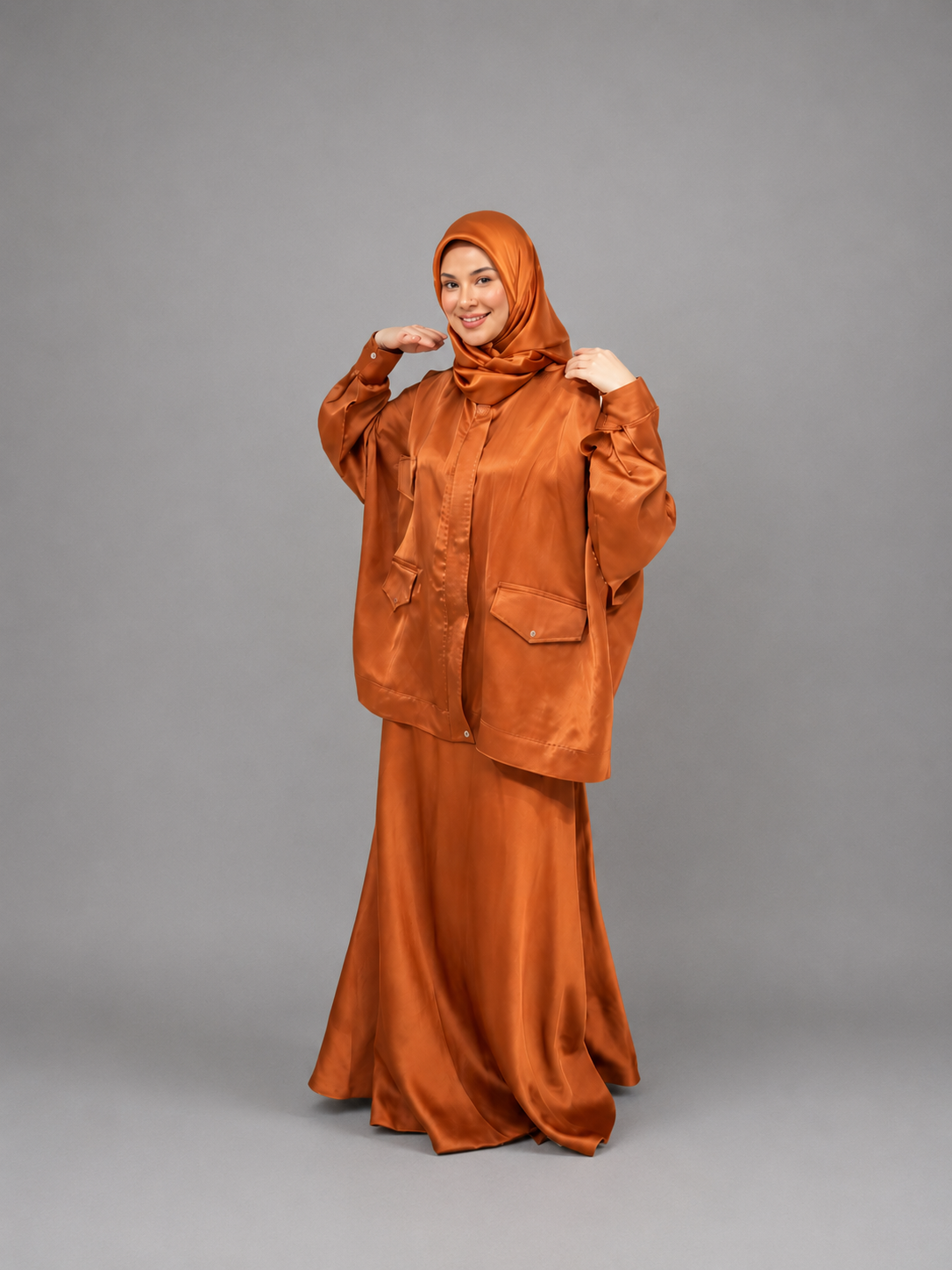 Ensemble modest fashion orange brûlé veste oversize jupe longue satin ZYNA — vue de face